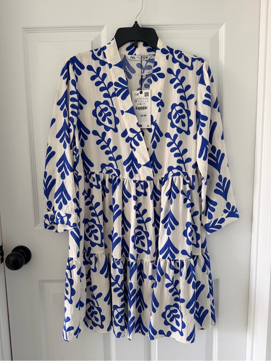 Zara Dresses & Skirts - Zara White Dress with Cobalt Blue Floral Print